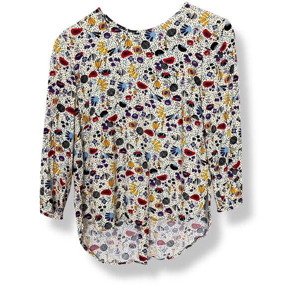 H&M Top Busy Abstract Print Eclectic High Low Cropped Sleeves Size 4 Button Back - Picture 1 of 11